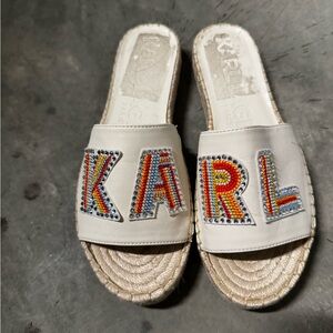 Karl Lagerfeld White Espadrille Slides with Colorful Embellishments